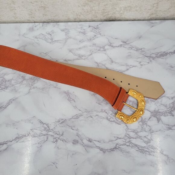 Emmanuel Vintage Oversized Gold Buckle and Deep Coral Lizard Embossed Belt main image 4